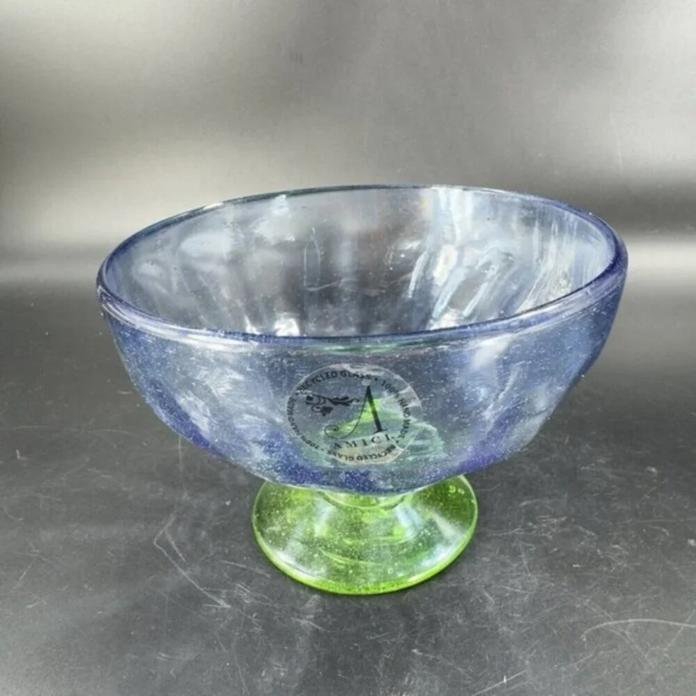 Amici Art Glass Footed Compote Large Drinking Cup Bowl Blue‎ And Green Bottom